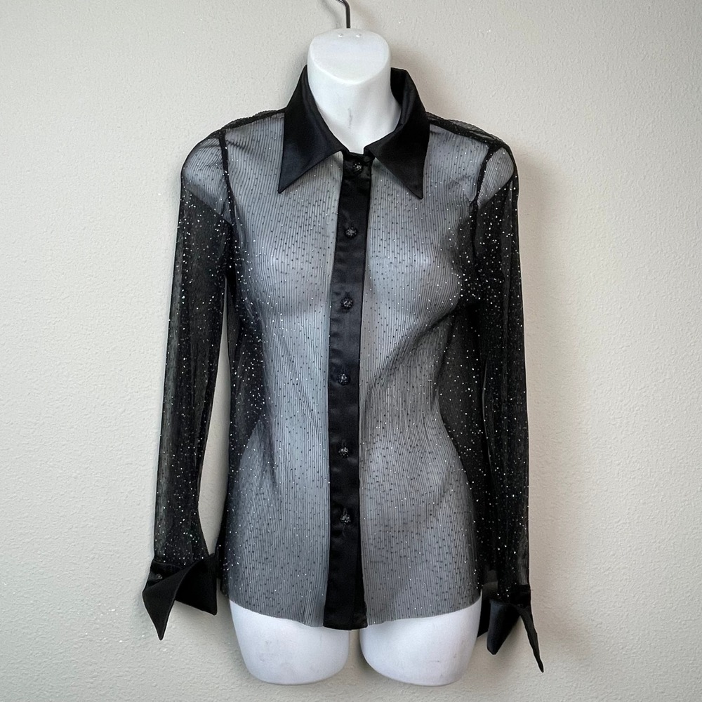 Sandra Darren Sheer Whimsigoth Dark Fairy Button Up‎ Top Women 6 Black Sparkle
